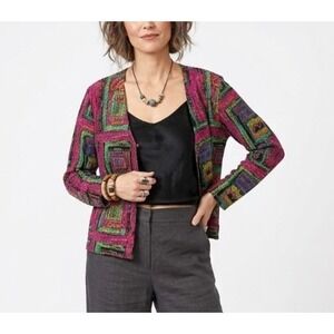 Mirasol Multi Color Slinky Knit Stretch Button Long Sleeve Artsy Cardigan Large